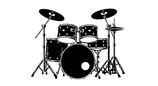 Detailed black silhouette of a full acoustic drum kit with cymbals, snare, tom-toms, and bass drum, isolated on a white background for rock music themes.