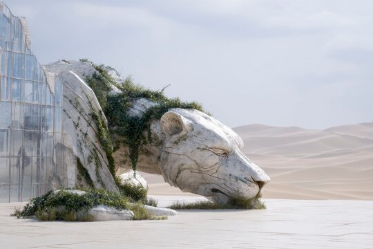 a huge, sleeping white statue of the monkey king, with vines growing on it, stands in front of an abandoned building made of glass and steel.
