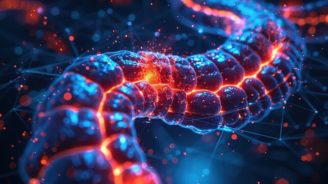 Detailed 3D medical illustration showing human colon and rectum anatomy, visualization of colorectal cancer tumors, comparison between healthy intestinal tissues and malignant lesions for clinical 