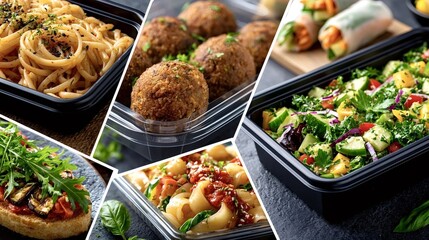 Fototapeta premium Prepared vegan meals in black plastic containers with fresh falafel, pasta, vibrant salad, spring rolls, and bruschetta, highlighting healthy food delivery and catering