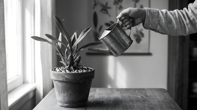 Mature orchid plant being watered in a pot on a table