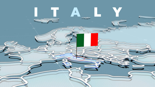 A 3D political map of Europe highlighting ITALY in its national flag colors, ITALY flag, Europe map, italian