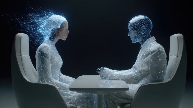 Digital avatars meeting in virtual reality simulation.