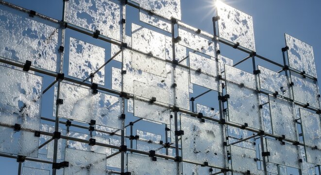 Architectural glass and steel grid facade on modern building.