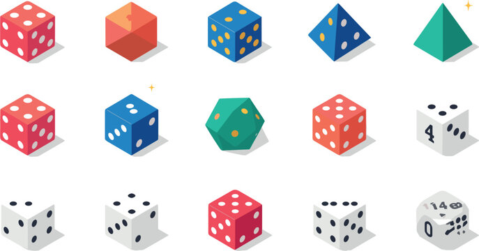 Isometric Polyhedral Dice Vector Set Featuring Dnd Roleplaying Game Shapes, Classic Board Game Cubes, and Multi Sided Gambling Tokens for Tabletop Gaming Designs