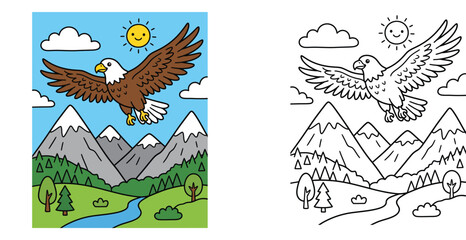 Obraz premium Flying eagle cartoon illustration and coloring page for kids, bald eagle in the sky over mountains line art outline vector set