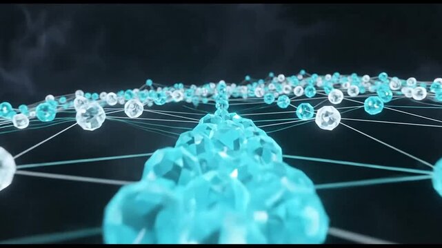 Glowing blue and white geometric spheres forming a complex interconnected digital network in this smooth abstract motion video animation clip