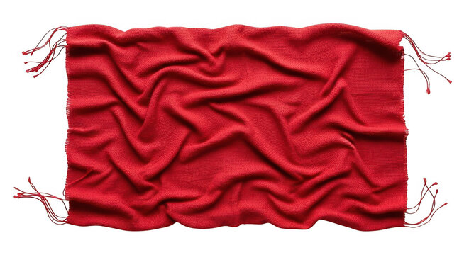 Red knitted fabric texture with fringe isolated on transparent background