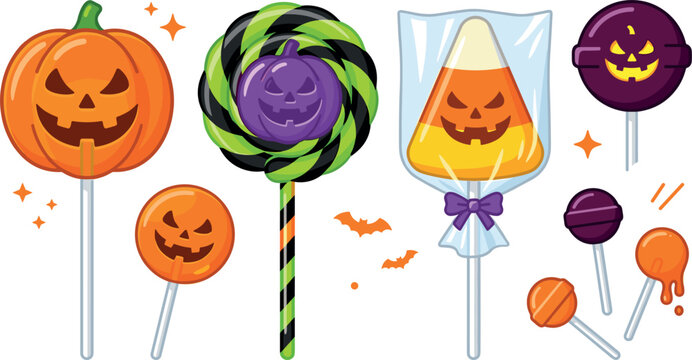 Halloween Lollipop Candy Vector Set with Spooky Pumpkin Jack O Lantern, Candy Corn, and Swirl Designs for Party Invitations and Autumn Graphic Elements