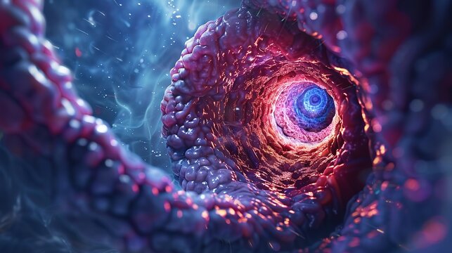 Detailed 3D medical illustration showing human colon and rectum anatomy, visualization of colorectal cancer tumors, comparison between healthy intestinal tissues and malignant lesions for clinical 