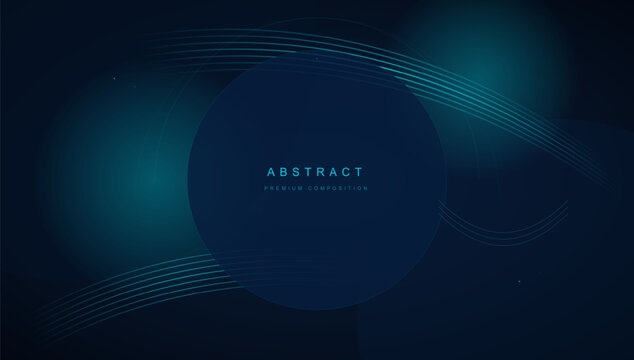 Abstract dark blue background with glowing neon curved lines and circles for presentation template