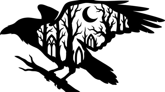 Silhouette of a mysterious raven perched on a branch, with a dark forest and moonscape visible within its wings