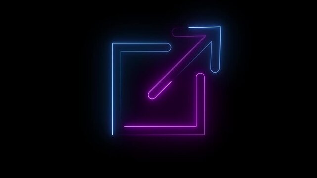 A neon icon of an arrow pointing outwards from a square, symbolizing an external link or open in new window. on black background.