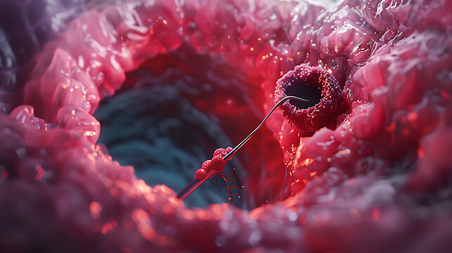 A medical illustration of a polyp removal procedure, endoscopic view. A small polyp on a stalk is carefully grasped and removed with surgical forceps and a snare within a hollow organ (e.g., the colon