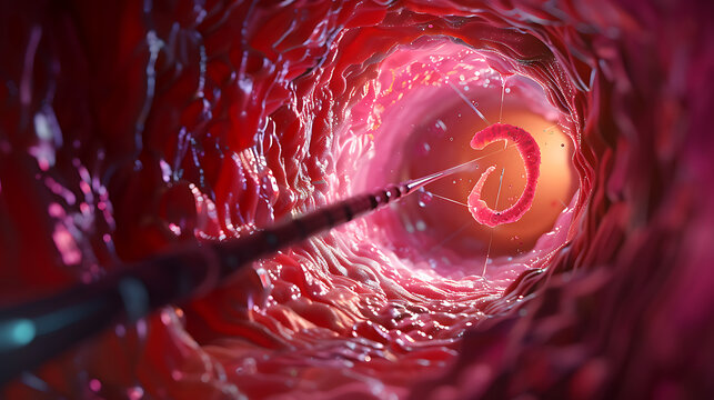 3D medical illustration of a polyp removal procedure, endoscopic view. A small pedunculated polyp being gently grasped and cut by surgical forceps and a snare loop inside a hollow organ (like the colo