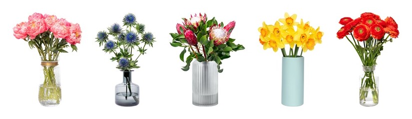 Obraz premium Vibrant floral arrangements in vases element set isolated on white