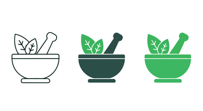Set of three herbal mortar and pestle icons in different styles for natural medicine and herbal remedies