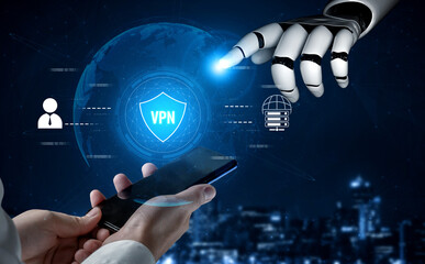 Fototapeta premium AI improves VPN by monitoring traffic, detecting risks, encrypting sessions, and optimizing routing to ensure private, secure, and efficient network access. Vouch