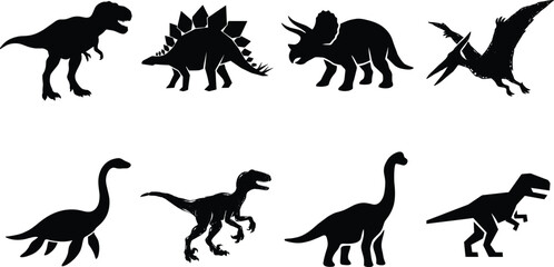Dinosaur silhouette icon set featuring tyrannosaurus rex stegosaurus triceratops pterodactyl and geometric prehistoric reptiles © MstMahurun