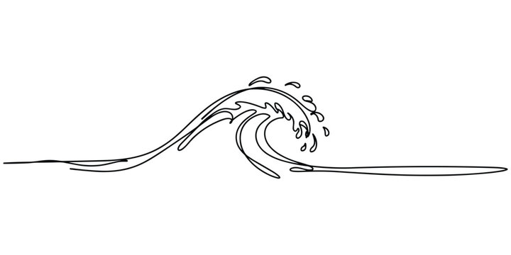 Continuous single line drawing of ocean wave isolated on transparent background for marine design