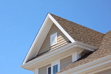 Obraz premium Close-up of a Modern Residential House Roof with Brown Shingles against Clear Blue Sky
