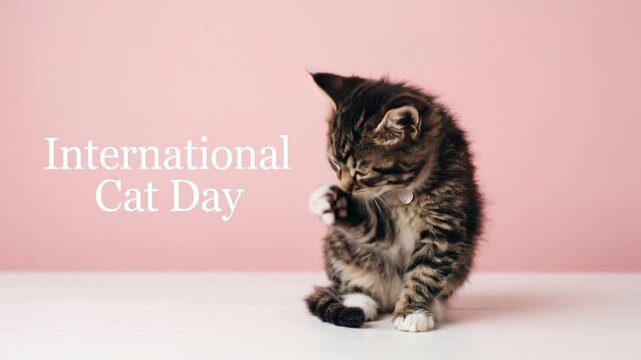 Fluffy tabby kitten sitting and grooming for International Cat Day
