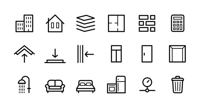 Set of line icons. Building construction and engineering and structural elements. Walls, ceiling, roof, rooms, materials and plans. Simple lineart icon collection for UI design. Vector illustration