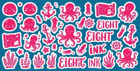 Cute pink octopus and sea creature stickers with nautical elements and text on a blue background, perfect for fun designs. © Riki