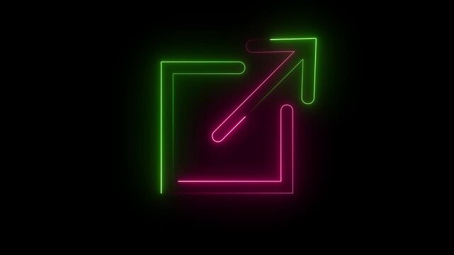 A neon icon of an arrow pointing outwards from a square, symbolizing an external link or open in new window. on black background.