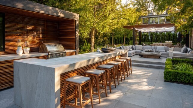 Luxurious modern outdoor kitchen and bar area with wooden paneling and stone countertops in a designer backyard.