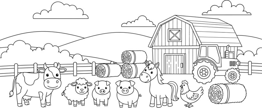 Farm animals and barnyard scene outline for coloring pages