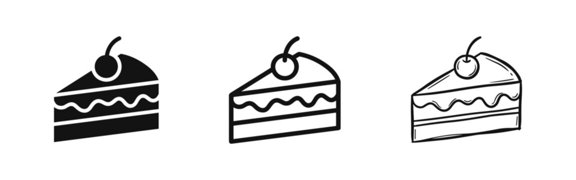 Slice of cake icons with cherry in solid, outline and sketch styles