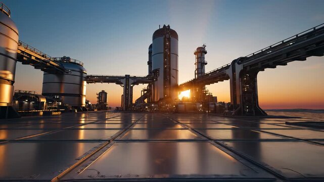 Futuristic industrial oil refinery or chemical plant at sunset with metallic storage tanks and piping
