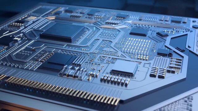 Closeup view of intricate modern electronic circuit board with detailed components and connectors