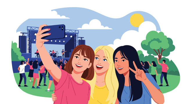 Flat style vector illustration of friends enjoying summer festival activities and capturing selfie memories outdoors. Perfect for entertainment, tourism and lifestyle projects