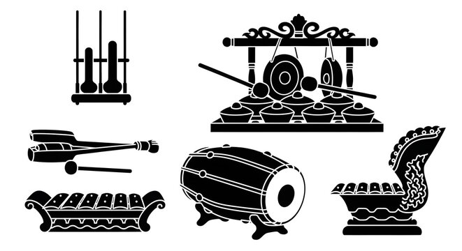 Silhouette collection of traditional Indonesian gamelan musical instruments including gong, kendang, angklung, and saron.