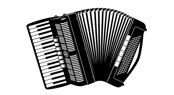 Detailed black and white silhouette icon of a classical accordion folk musical instrument isolated on a white background.