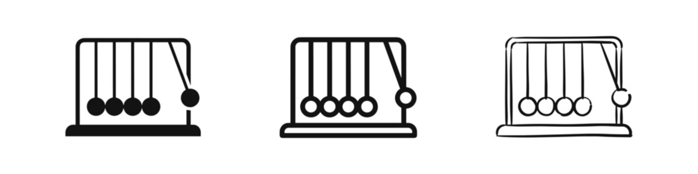 Newton's Cradle Icons Set in Filled, Outlined, and Hand-Drawn Styles. Physics and Momentum Symbol.