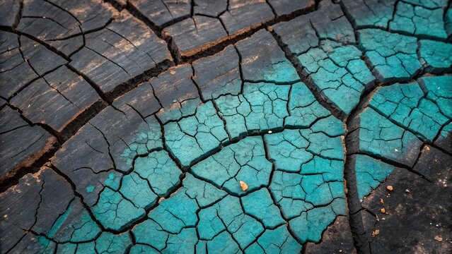 Macro texture of charred burned wood surface with turquoise resin filling the cracks, overhead flat lay background