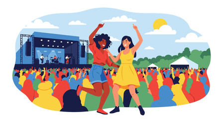 Flat style vector illustration of joyful people celebrating outdoor summer festival activities with music and entertainment. Perfect for events and travel themes © Amie