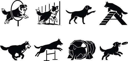 Dog agility training silhouette icon set featuring border collie german shepherd jumping obstacles and catching disc © MdMenhajul