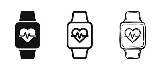 Obraz premium Smartwatch with heart rate monitor icon set in flat, outline, and hand-drawn styles for fitness tracking