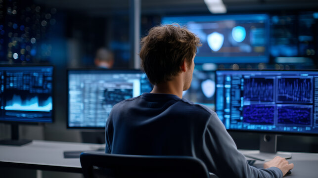 IT security specialist working in dark monitoring room, cybersecurity operations, network threat analysis, digital protection, secure data center, incident response and professiona