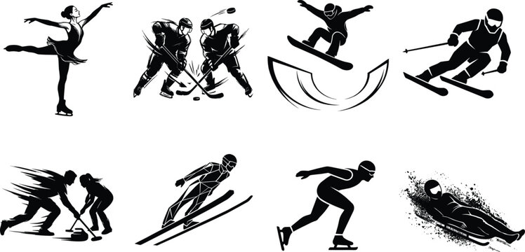 Winter sports silhouette icon set featuring ice hockey figure skating snowboarding skiing and curling athletes
