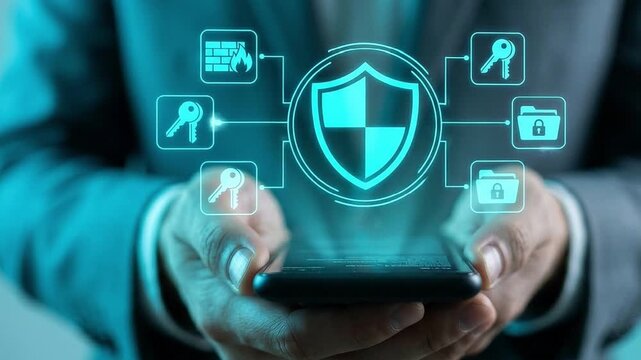 Cybersecurity and Mobile Data Protection Concept: Floating Neon Cyan Holographic Security Dashboard with Shield, Firewall, and Locked Folder Icons