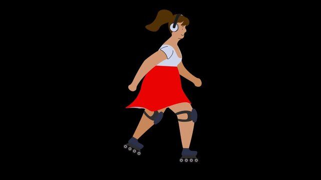 Plus Size Cartoon Girl on Roller Skates. Health and Fitness Concept Animation. Seamless loop