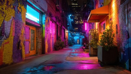 Fototapeta premium Vibrant Neon-Lit Urban Alleyway at Night with Graffiti and Puddles