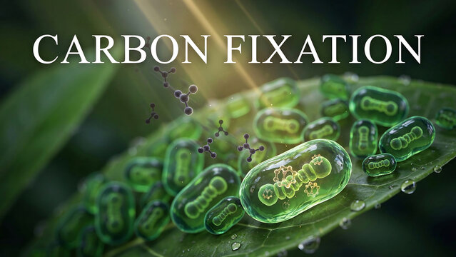 Chloroplasts and mitochondria with molecular structures on green leaf with water droplets and sunlight illustrating carbon fixation process