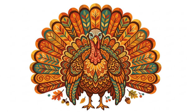 Decorative Thanksgiving turkey vector design with colorful autumn feathers