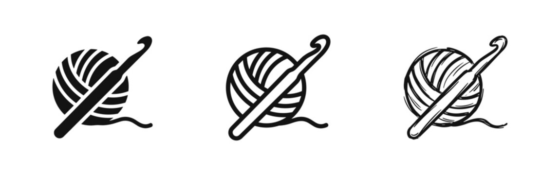 Yarn and crochet hook icon set. Knitting and craft symbol in solid, outline, and doodle styles.